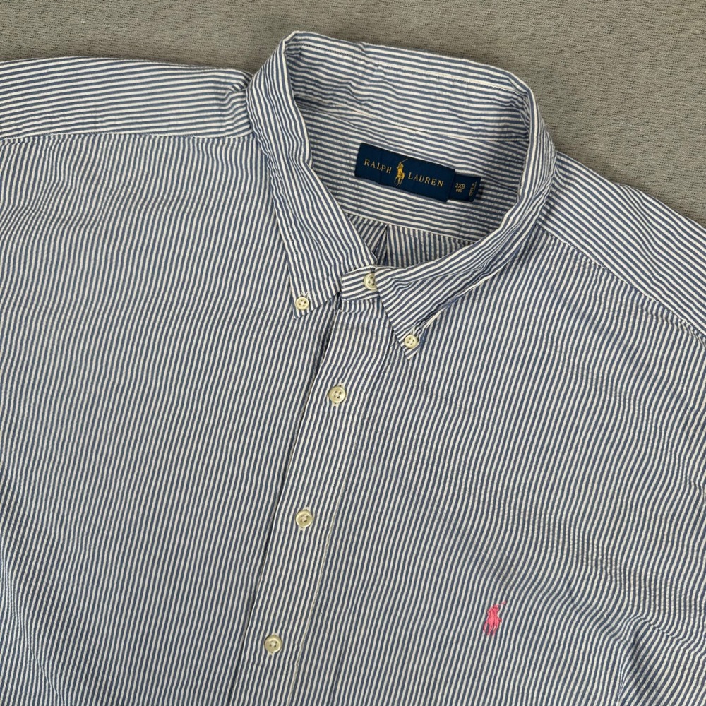 Ralph Lauren Seersucker Shirt Mens 3XB Big Blue White Stripe Short Sleeve Preppy